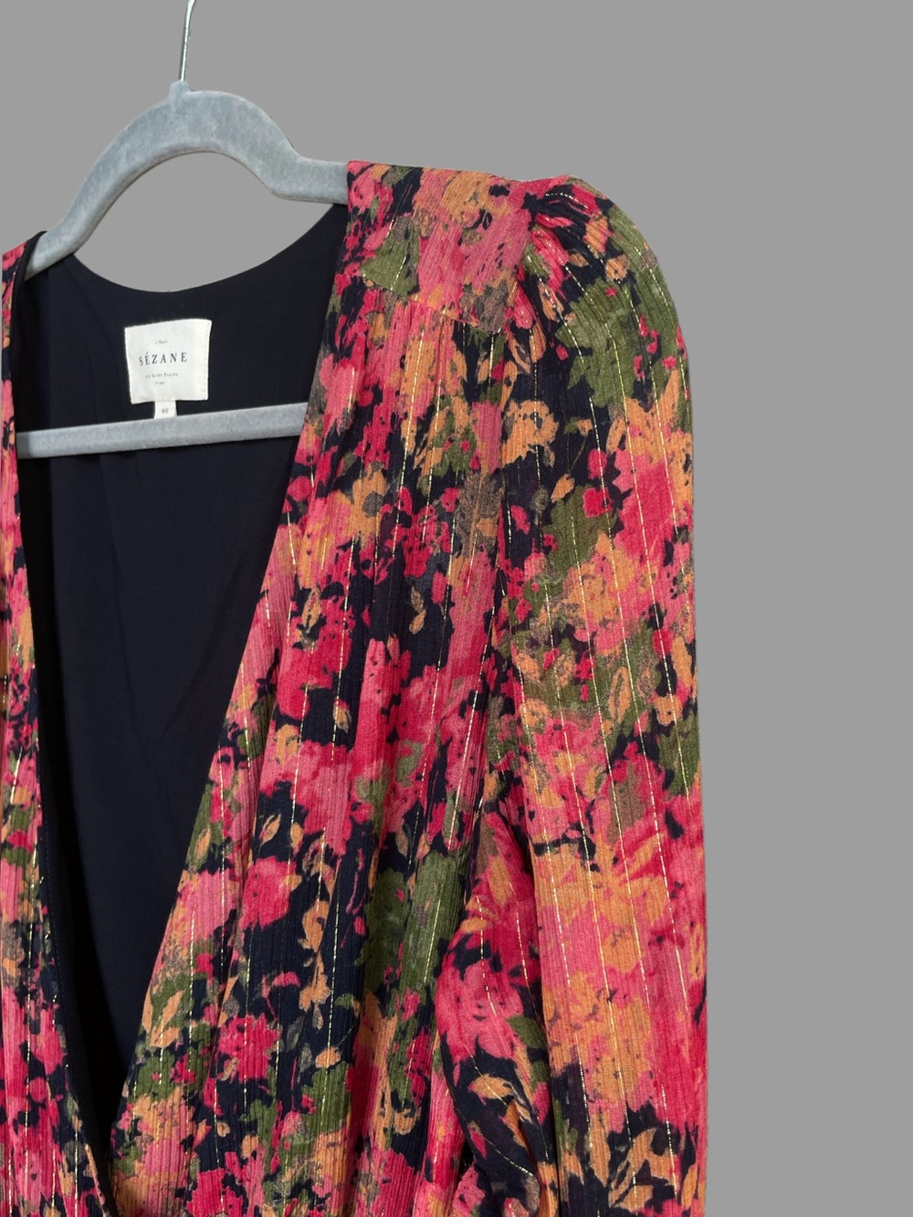 SEZANE Metallic Pink Floral Printed Long Sleeve V Neck Armonie Silk Wrap Dress - Picture 7 of 14